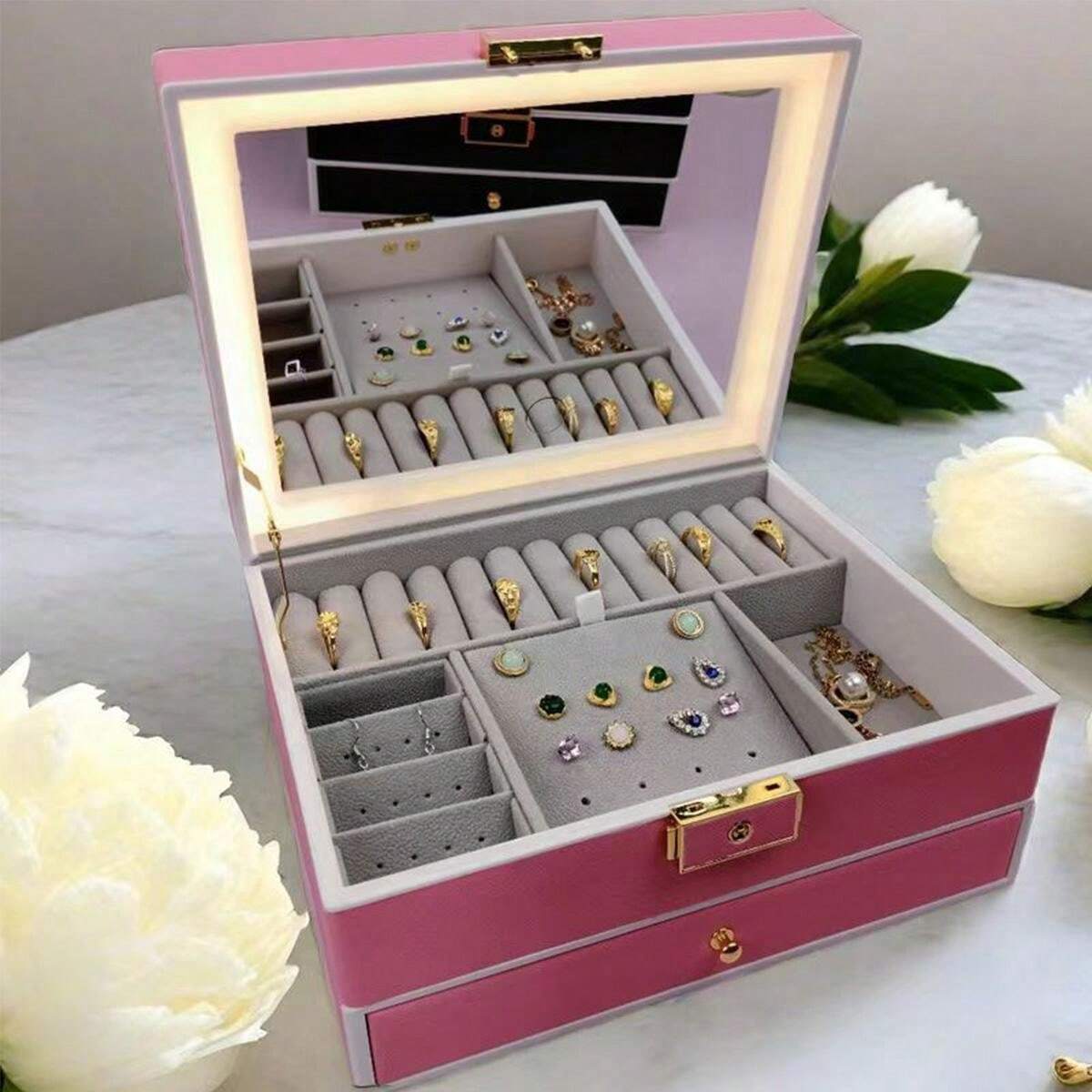 JOYERO 2 NIVELES CON LUZ LED CAJA ORGANIZADORA PORTÁTIL
