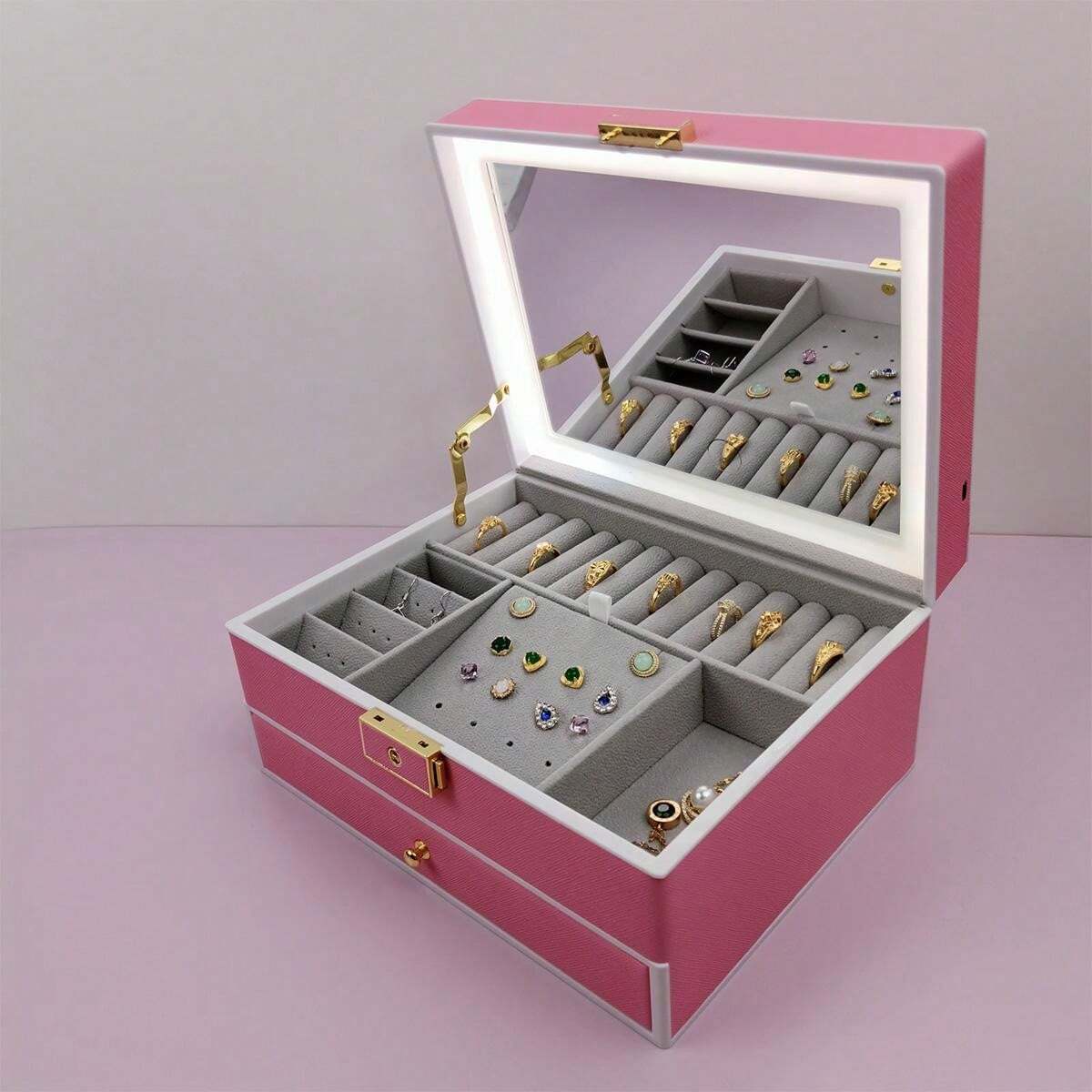 JOYERO 2 NIVELES CON LUZ LED CAJA ORGANIZADORA PORTÁTIL