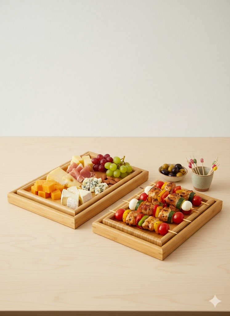 🎀 SET DE BANDEJA DE FRUTAS DE MADERA DE BAMBU RESISTENTE